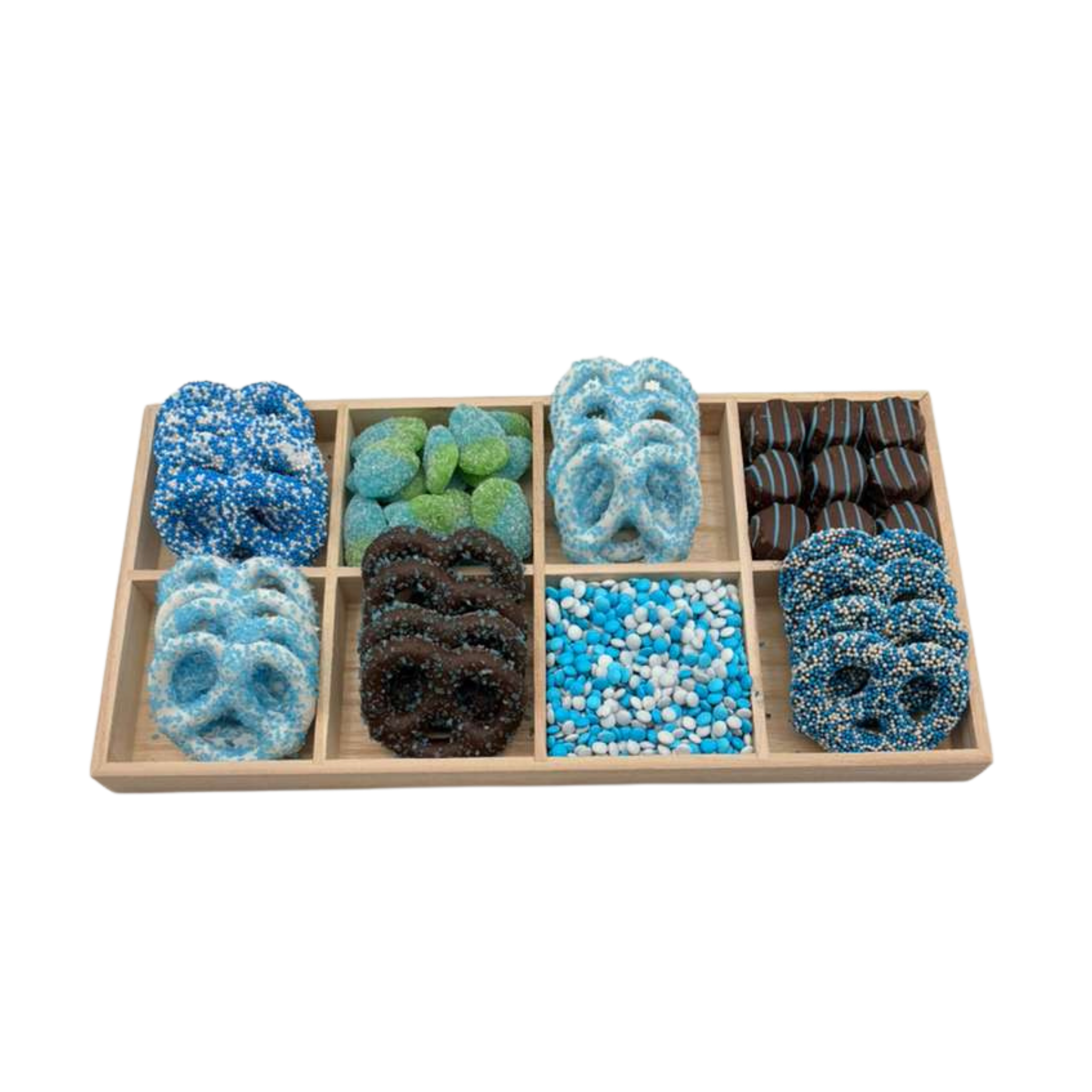 Assorted Chocolates, Candies, And Chocolate Covered Pretzels In 8-Section Wood Tray – Blue