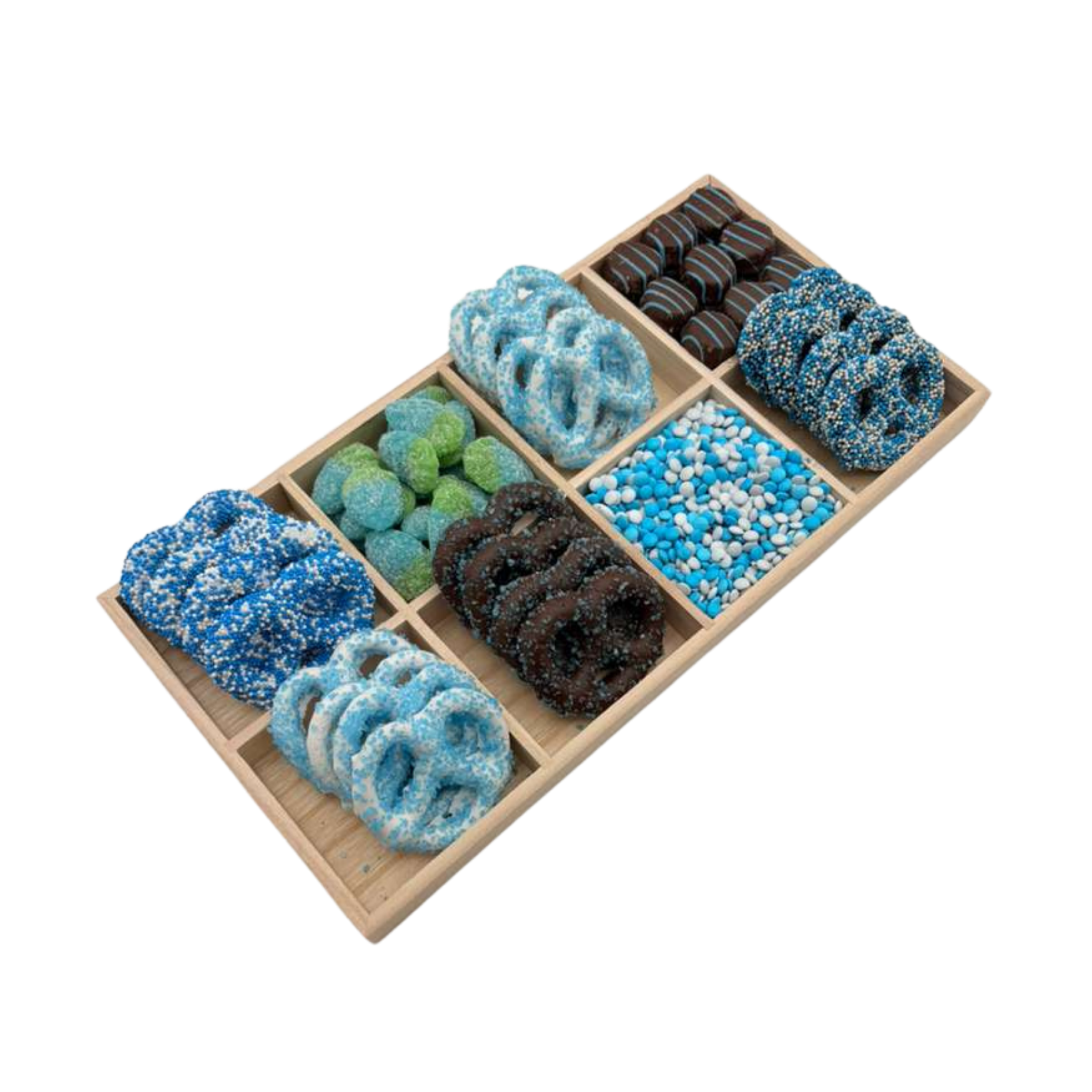 Assorted Chocolates, Candies, And Chocolate Covered Pretzels In 8-Section Wood Tray – Blue