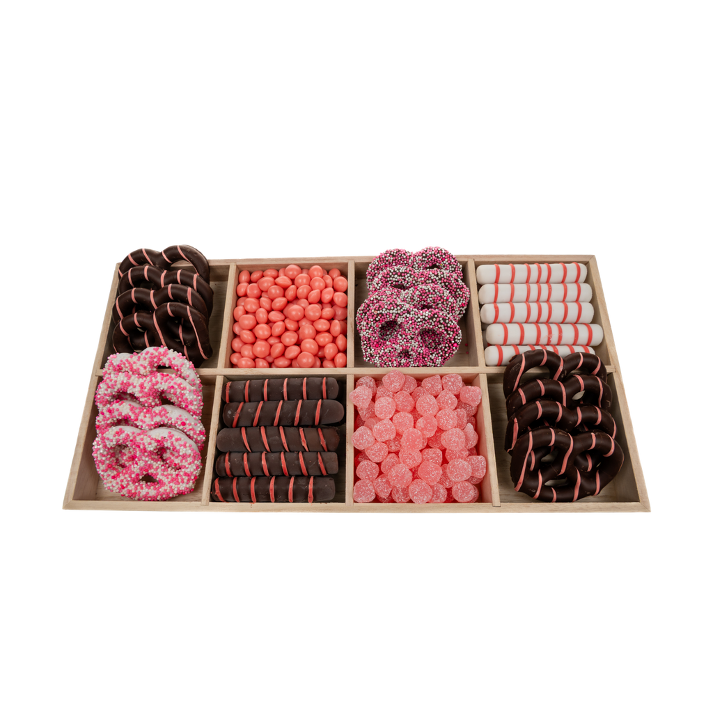 Assorted Chocolates, Candies, And Chocolate Covered Pretzels In 8-Section Wood Tray – Pink