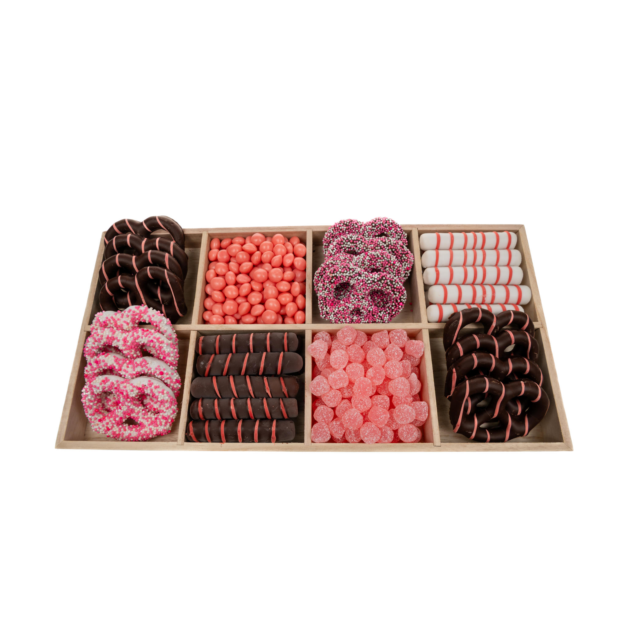 Assorted Chocolates, Candies, And Chocolate Covered Pretzels In 8-Section Wood Tray – Pink