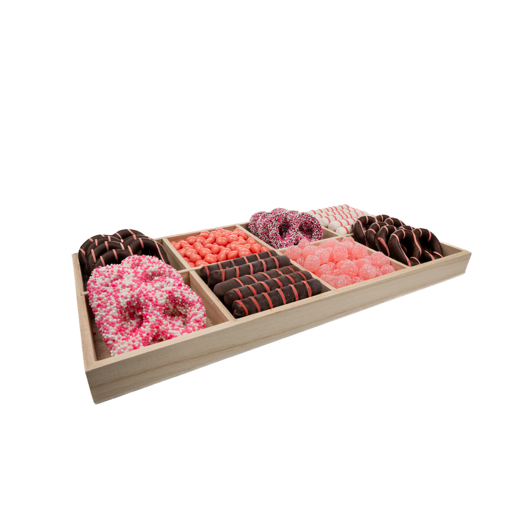 Assorted Chocolates, Candies, And Chocolate Covered Pretzels In 8-Section Wood Tray – Pink