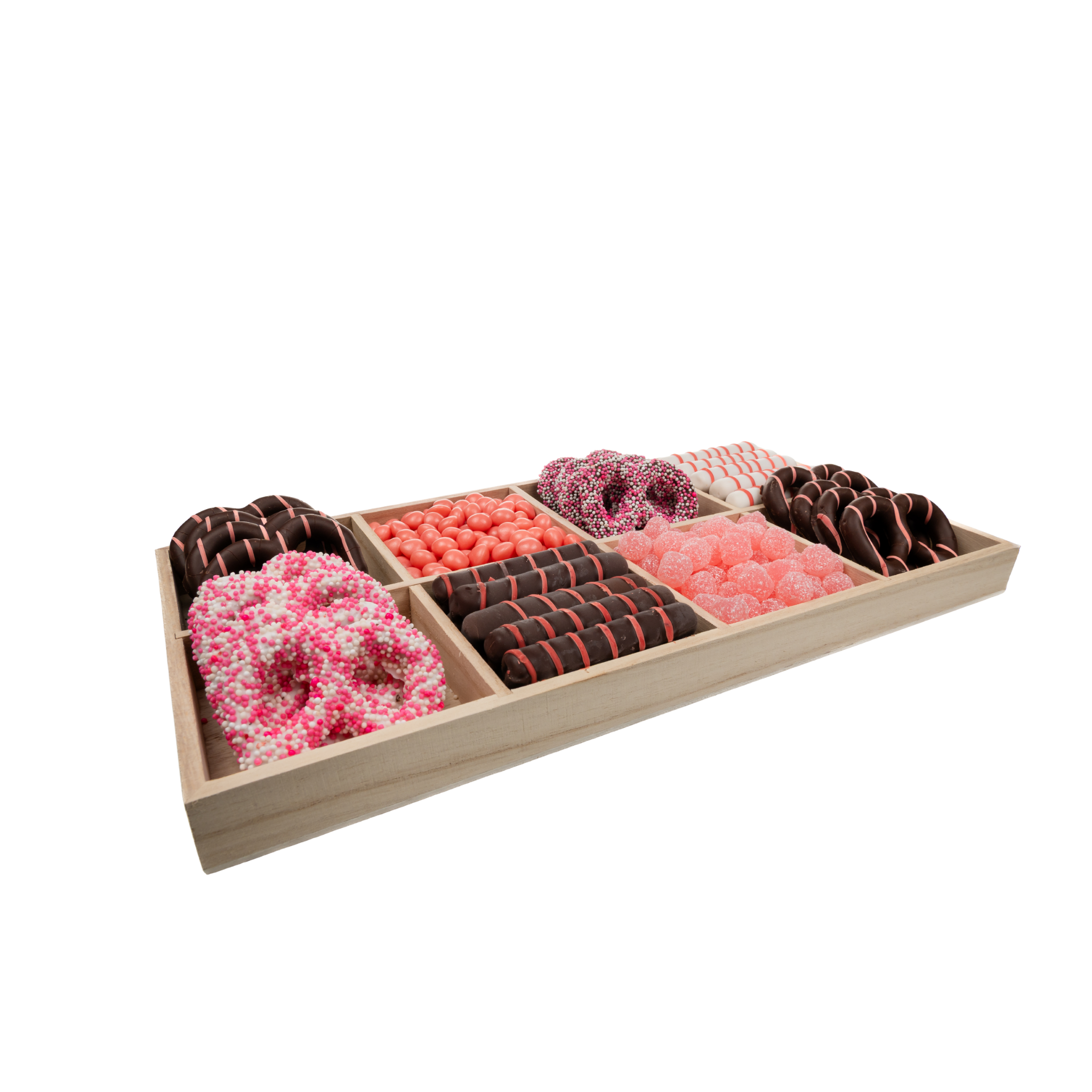 Assorted Chocolates, Candies, And Chocolate Covered Pretzels In 8-Section Wood Tray – Pink