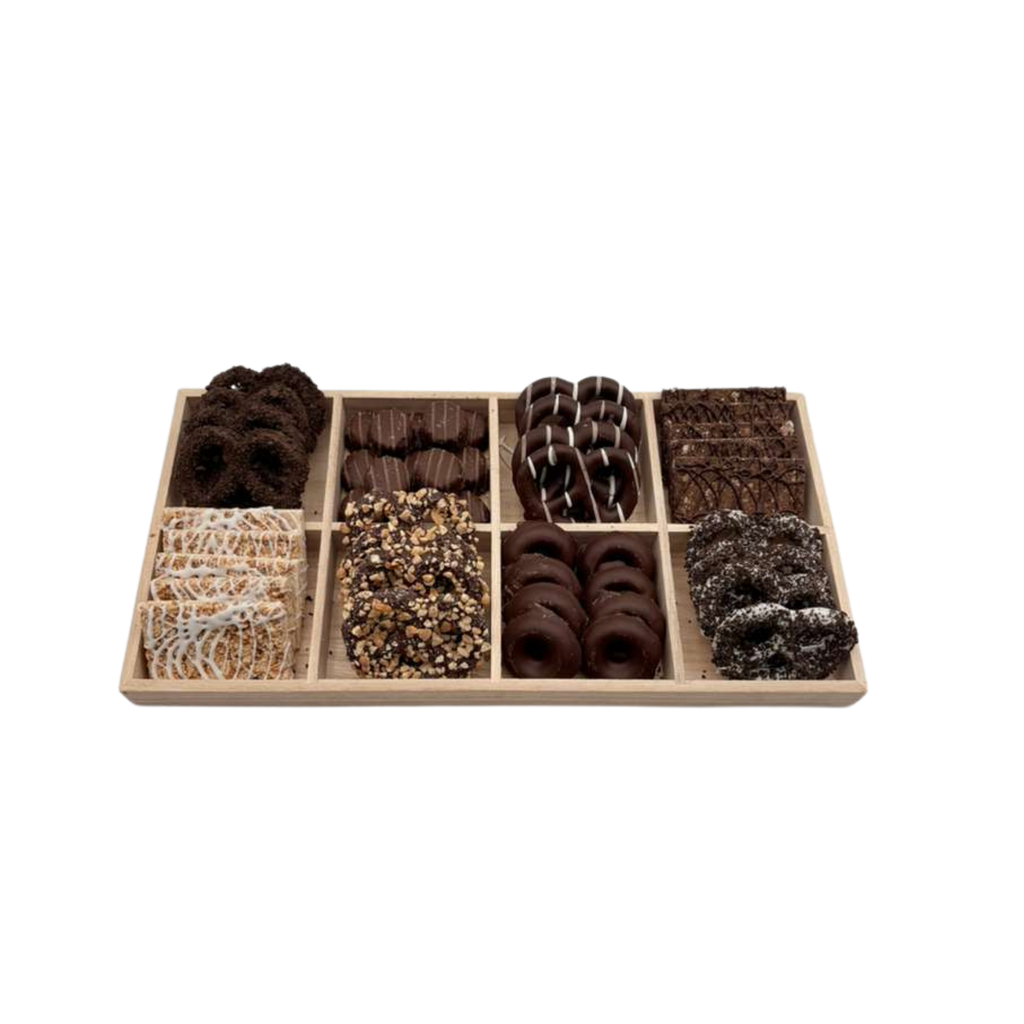 Assorted Chocolates, Candies, And Chocolate Covered Pretzels In 8-Section Wood Tray - Standard