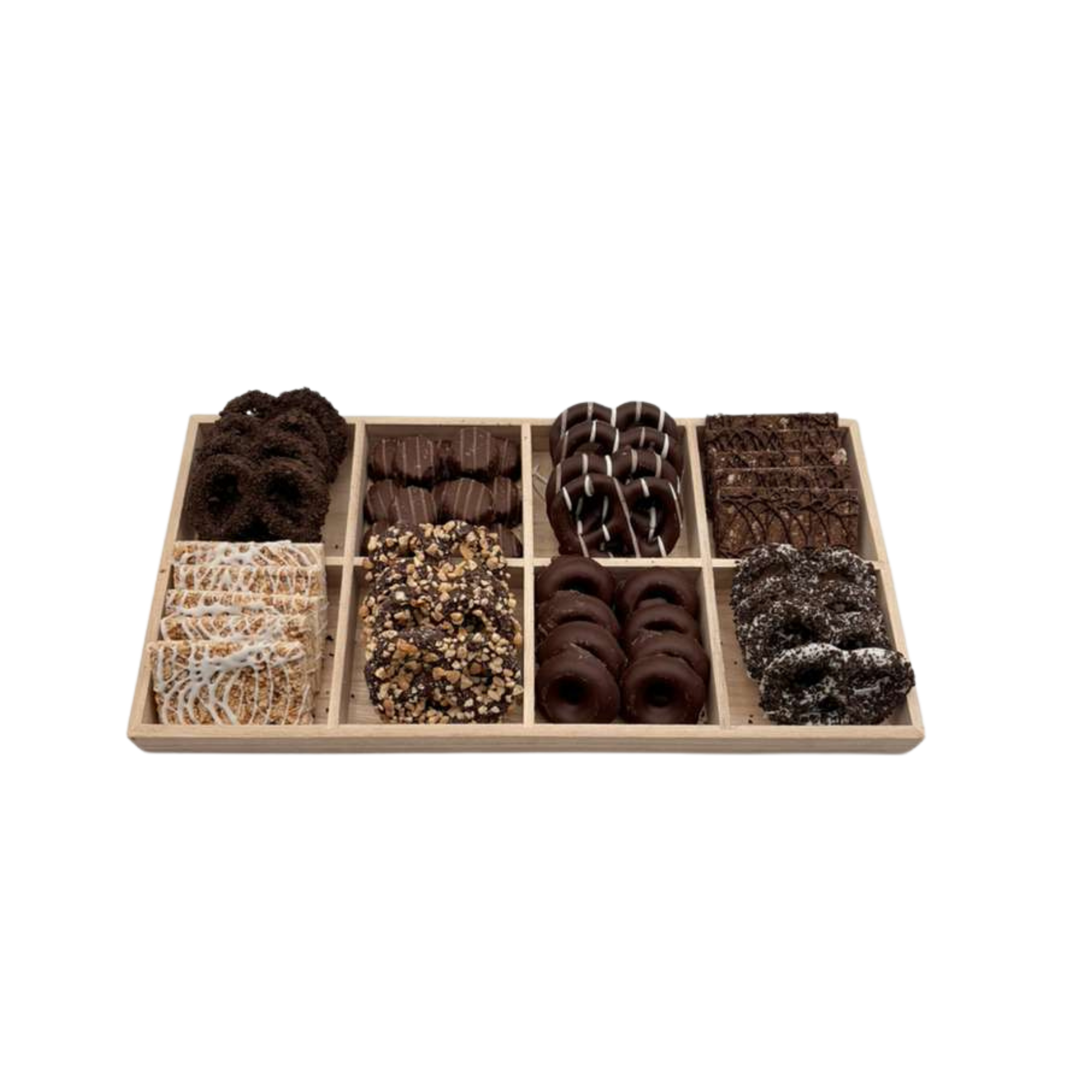 Assorted Chocolates, Candies, And Chocolate Covered Pretzels In 8-Section Wood Tray - Standard