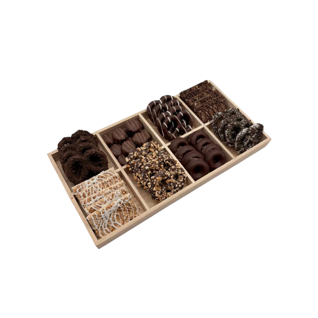 Assorted Chocolates, Candies, And Chocolate Covered Pretzels In 8-Section Wood Tray - Standard