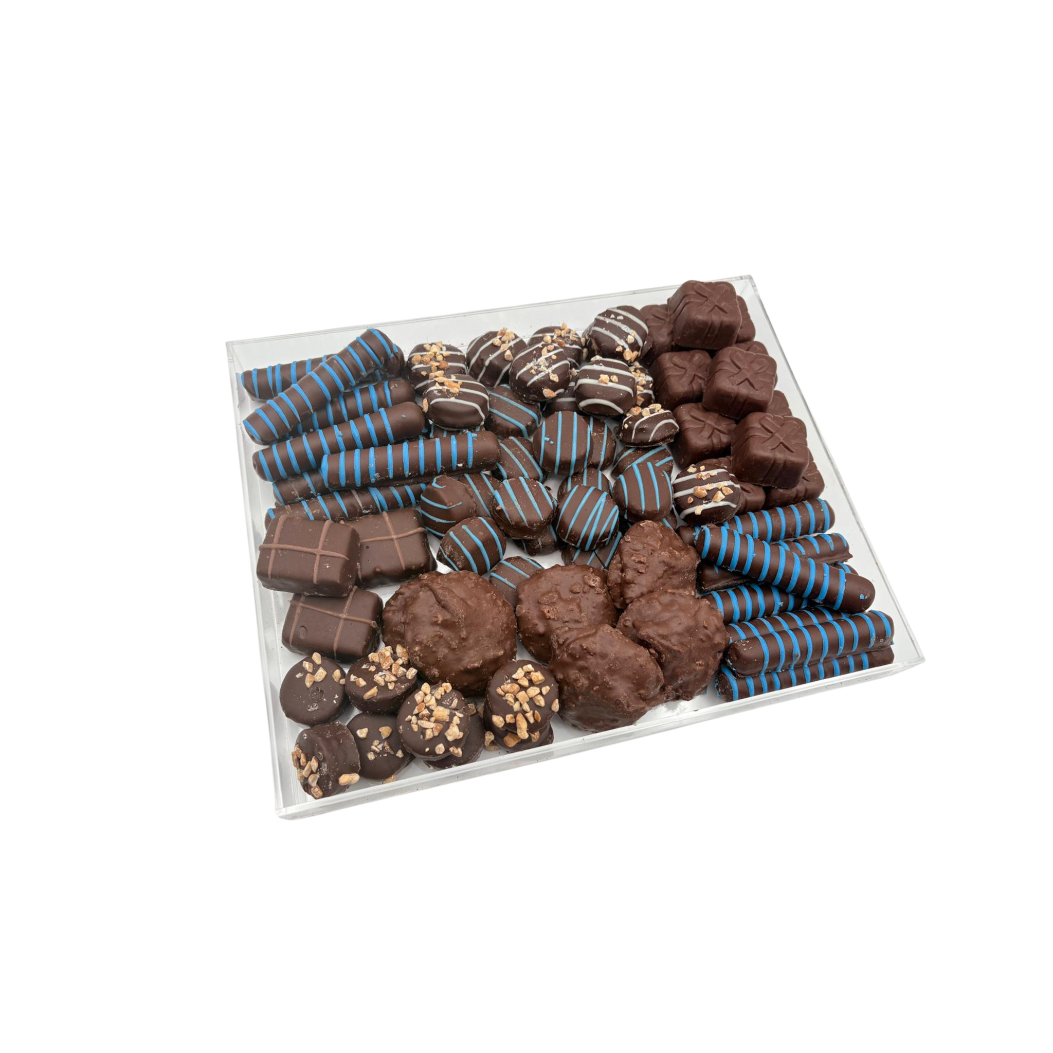 Assorted Chocolates On Lucite Tray – Blue