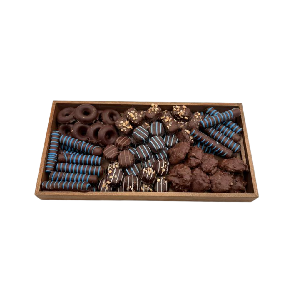 Assorted Chocolates On Wood Board- Blue