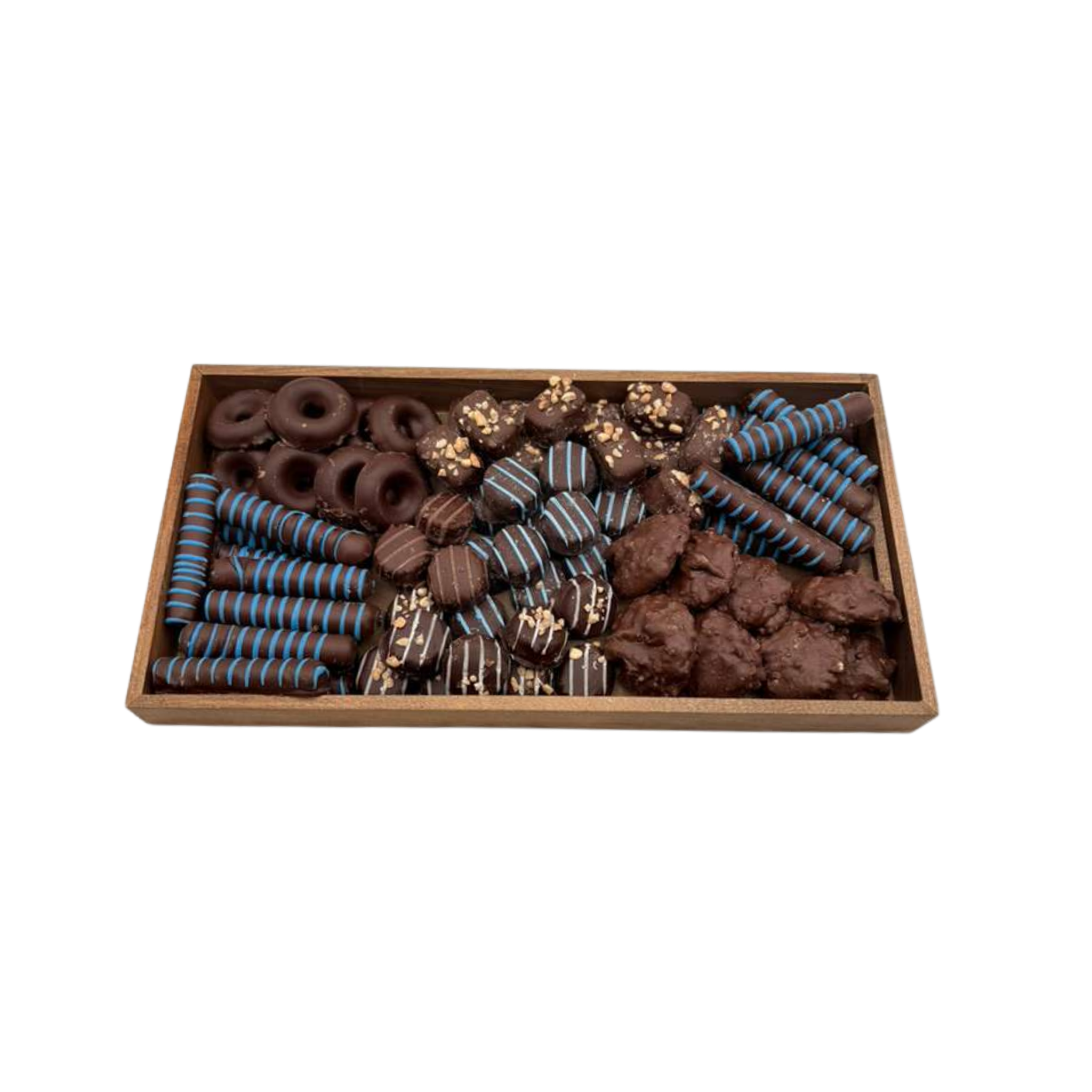Assorted Chocolates On Wood Board- Blue