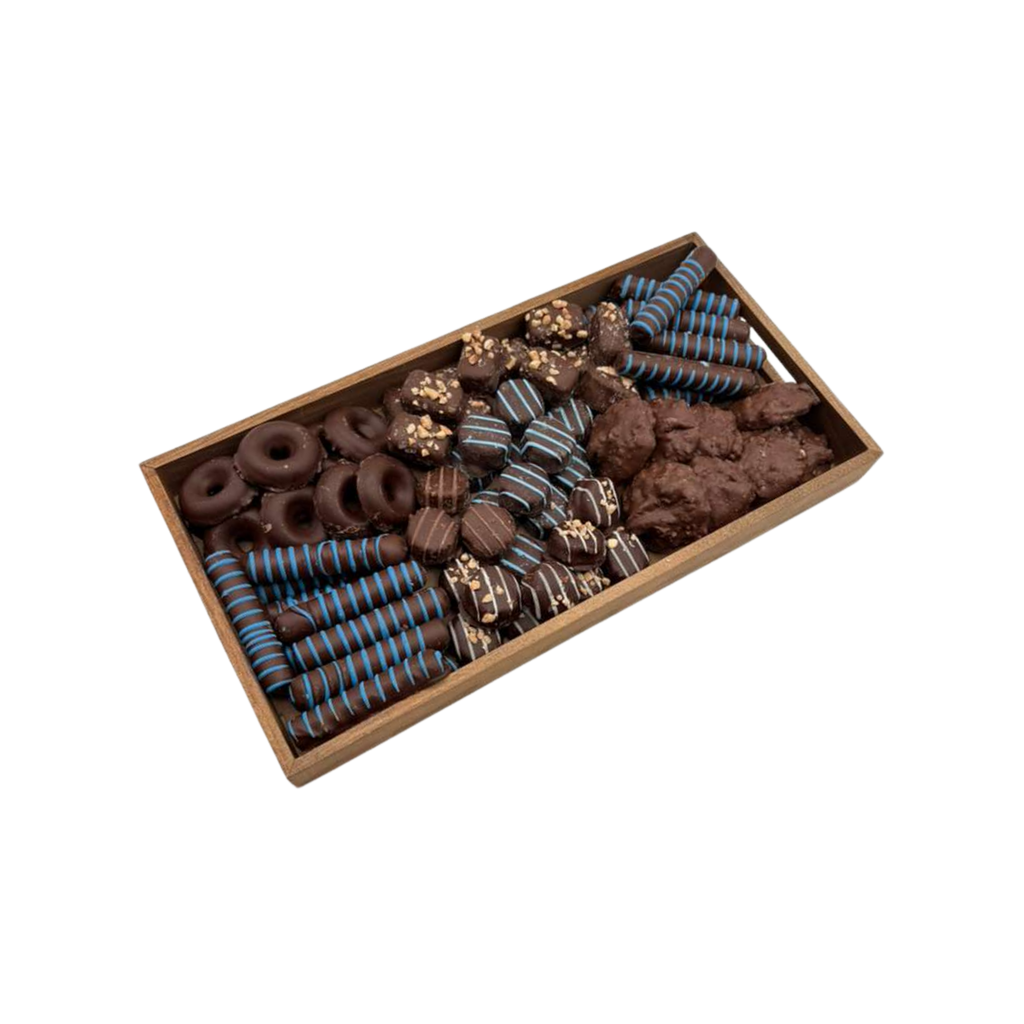 Assorted Chocolates On Wood Board- Blue