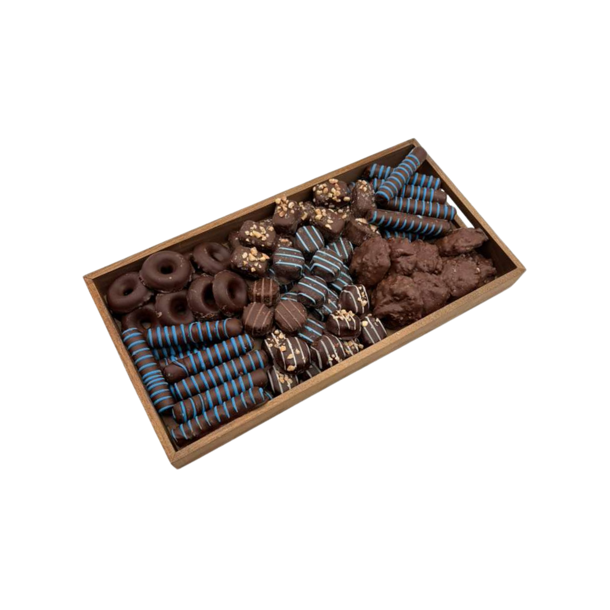 Assorted Chocolates On Wood Board- Blue
