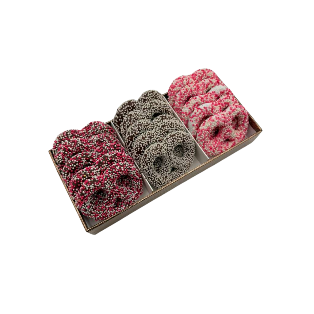 Chocolate Covered Pretzels In 3 Section Tray – Pink