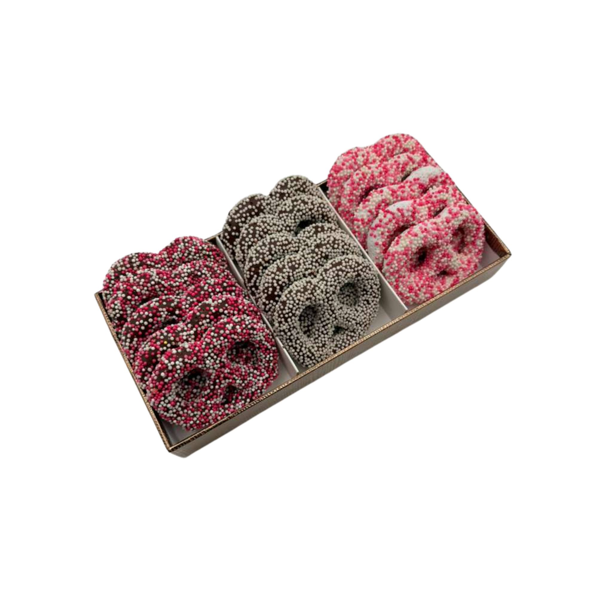 Chocolate Covered Pretzels In 3 Section Tray – Pink