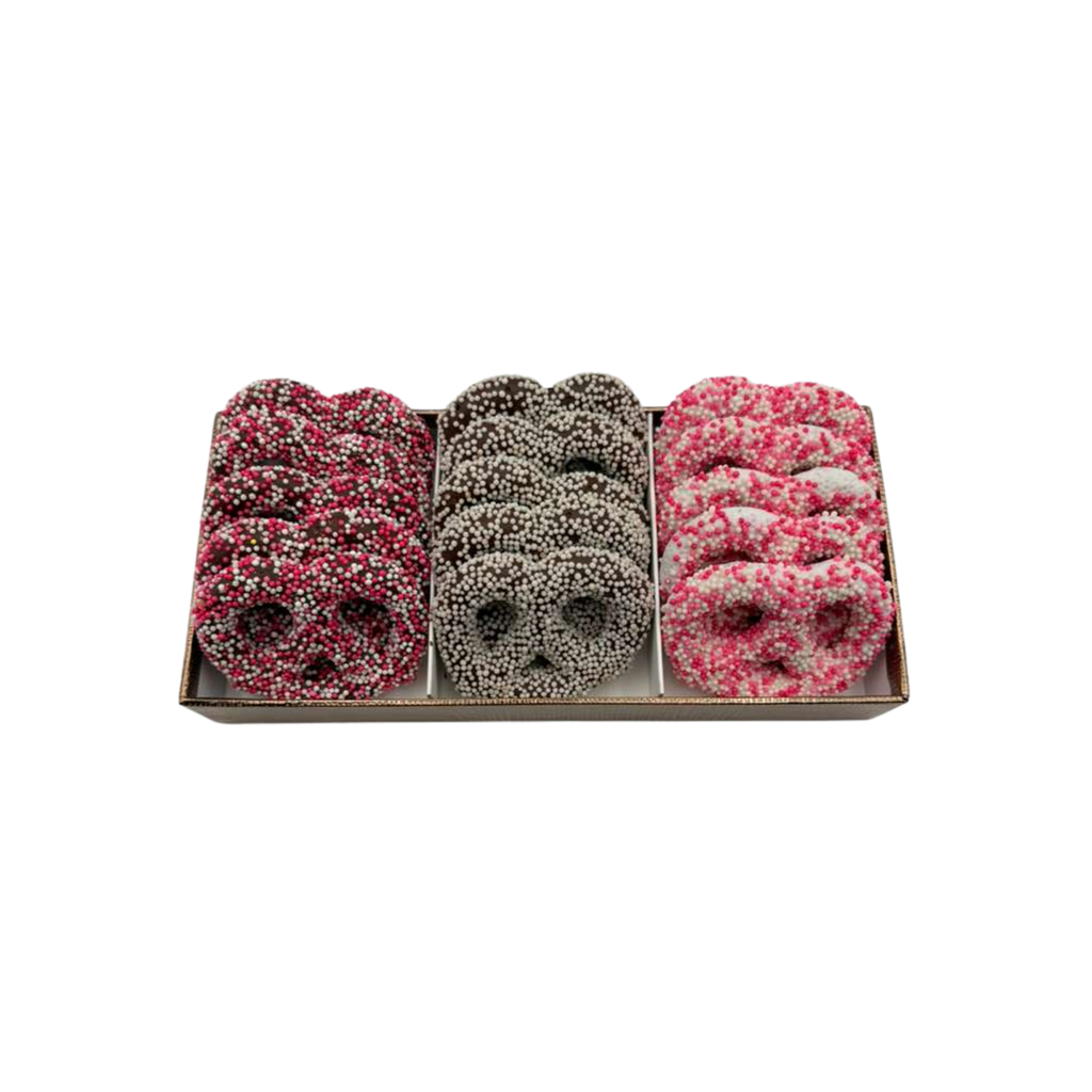 Chocolate Covered Pretzels In 3 Section Tray – Pink
