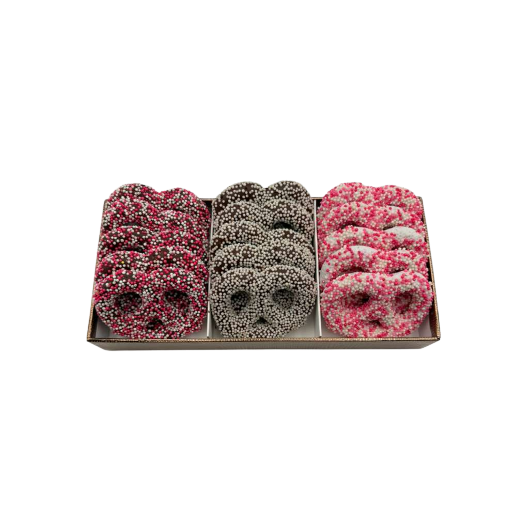 Chocolate Covered Pretzels In 3 Section Tray – Pink